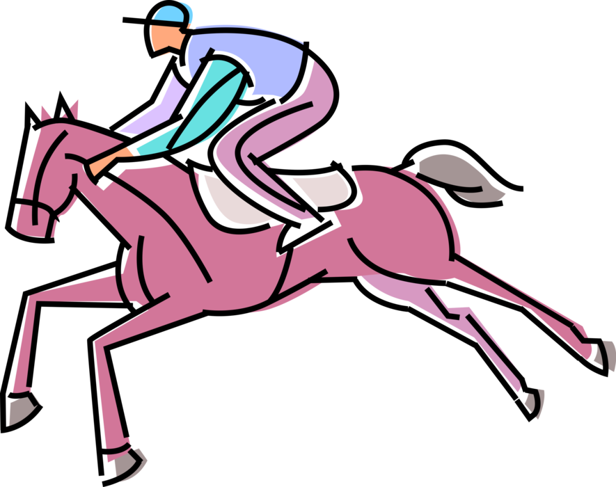 Vector Illustration of Jockey Rides Equestrian Horse in Race on Racetrack