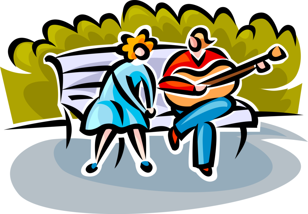 Vector Illustration of Romantic Couple Sit on Park Bench with Acoustic Guitar Serenade