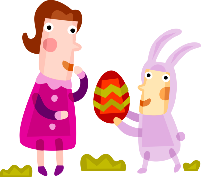 Vector Illustration of Pascha Easter Bunny Rabbit Gives Decorated Easter Egg to Young Girl