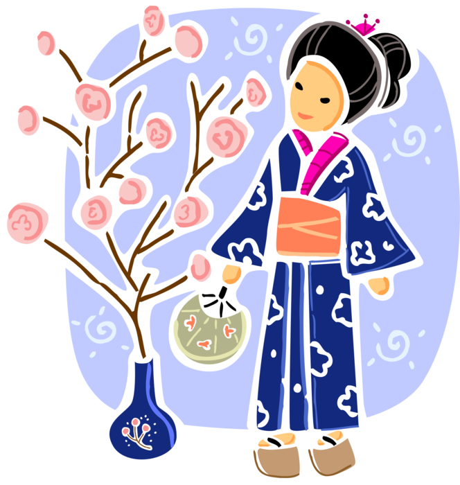 Vector Illustration of Japanese Courtesan Geisha in Traditional Kimono with Hand Fan and Cherry Blossom Flowers in Ceramic Vase