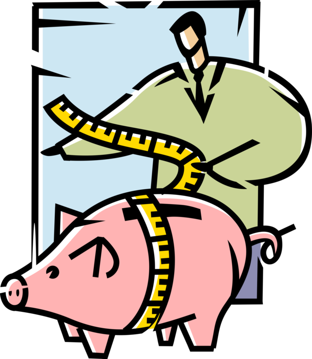 Vector Illustration of Businessman Measures Financial Wealth with Savings Piggy Bank and Measuring Tape