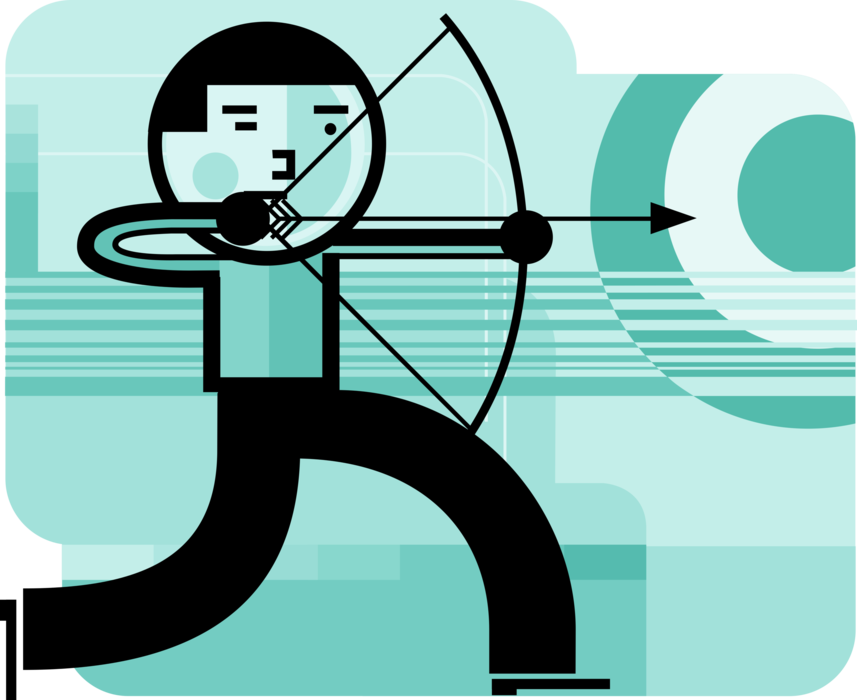 Vector Illustration of Archer Aims Archery Bow and Arrow at Target Bullseye or Bull's-Eye