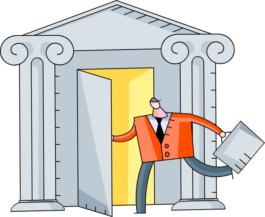 Vector Illustration of Businessman Investor Visits Financial Banking Institution Bank with Classical Greek Temple Columns