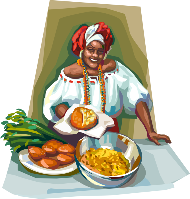Vector Illustration of Brazilian Woman in Bahia Dress with Festive Foods