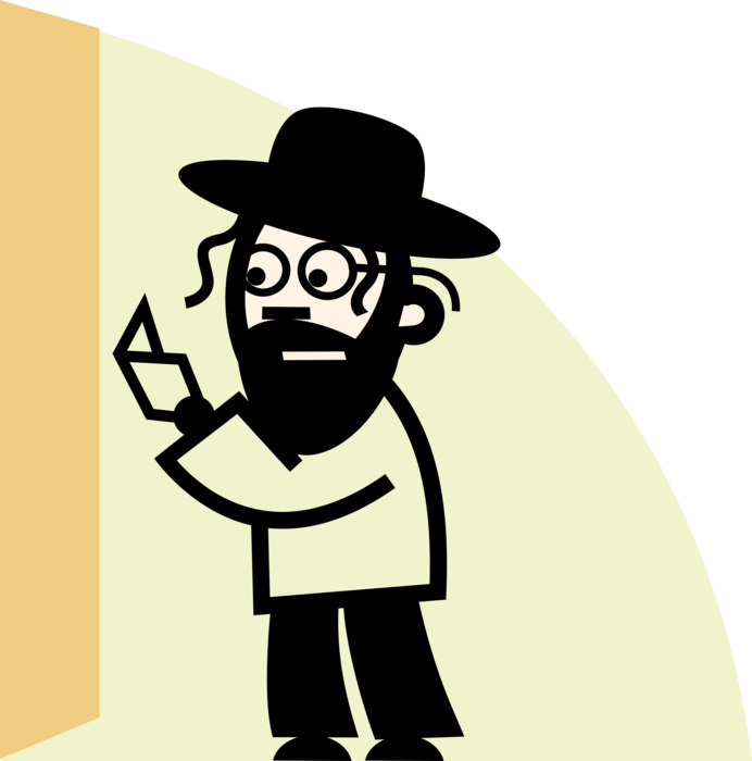 Vector Illustration of Judaism Hebrew Jewish Rabbi Places Written Prayer Paper Notes in Western Wall, Wailing Wall