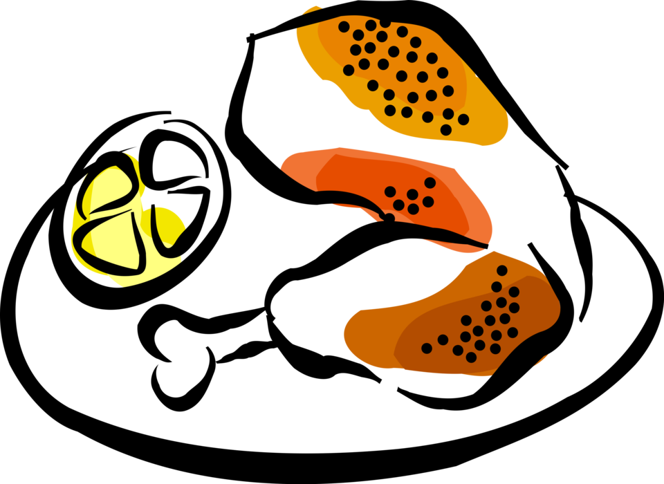Vector Illustration of Domesticated Fowl Chicken Leg with Citrus Lemon Slice