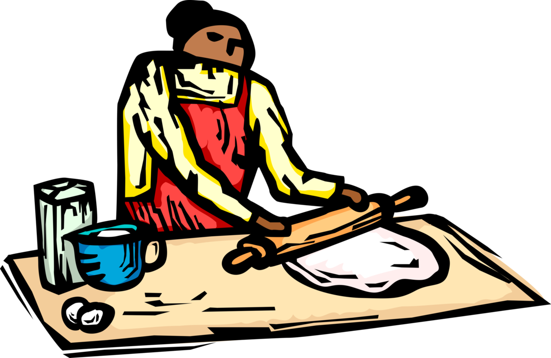 Vector Illustration of Baker with Rolling Pin and Flour Dough Makes Bread by Baking