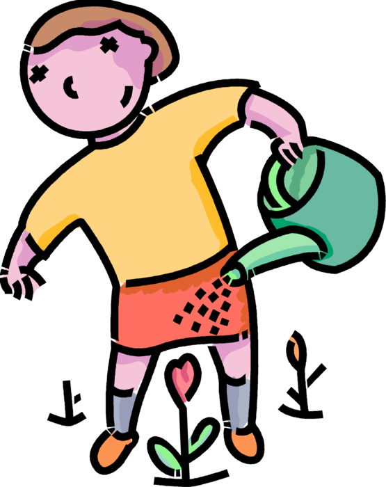 Vector Illustration of Primary or Elementary School Student Girl with Watering Can Waters Garden Flowers