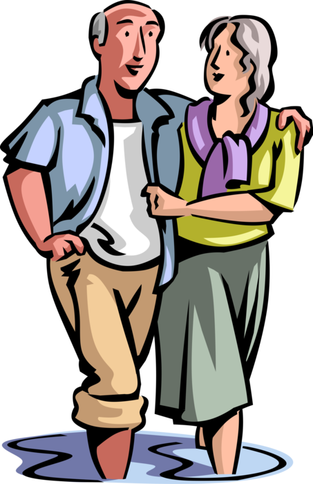 Vector Illustration of Retired Elderly Senior Citizen Couple Wade Along Beach without Care in the World