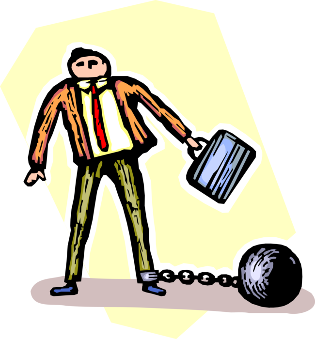 Vector Illustration of Constrained and Restrained Businessman with Ball and Chain Physical Restraint