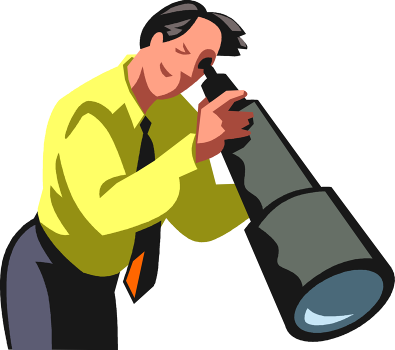 Vector Illustration of Businessman Forecasts Business Results Looking Through Spyglass Telescope