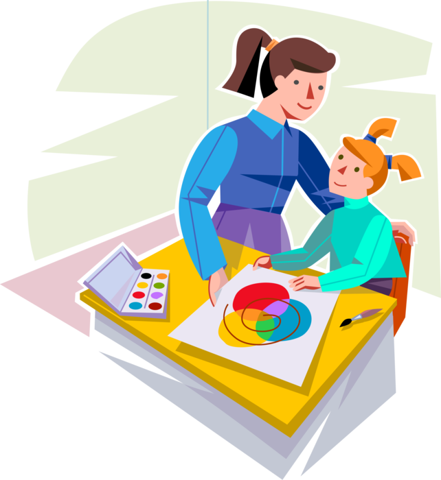 Vector Illustration of Art Teacher Provides Guidance and Assistance to Student Painting with Watercolors in School Classroom