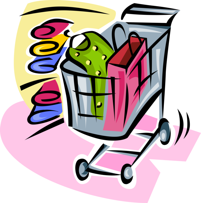 Vector Illustration of Retail Clothes Shopping Cart with Apparel Clothing Items