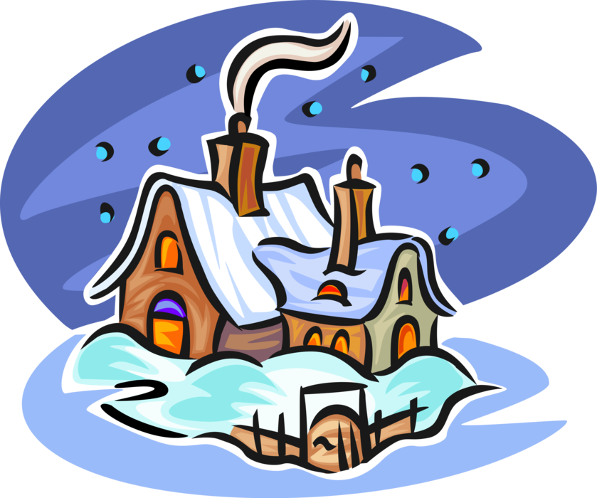 Vector Illustration of Winter Cottage House Dwelling Covered in Snow at Night