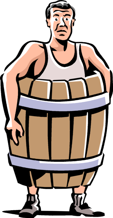 Vector Illustration of Penniless Bankrupt Businessman in Wooden Barrel