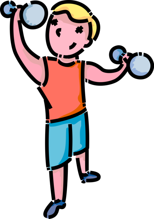 Vector Illustration of Primary or Elementary School Student Boy Lifts Dumbbell Weights in Physical Fitness Exercise Workout