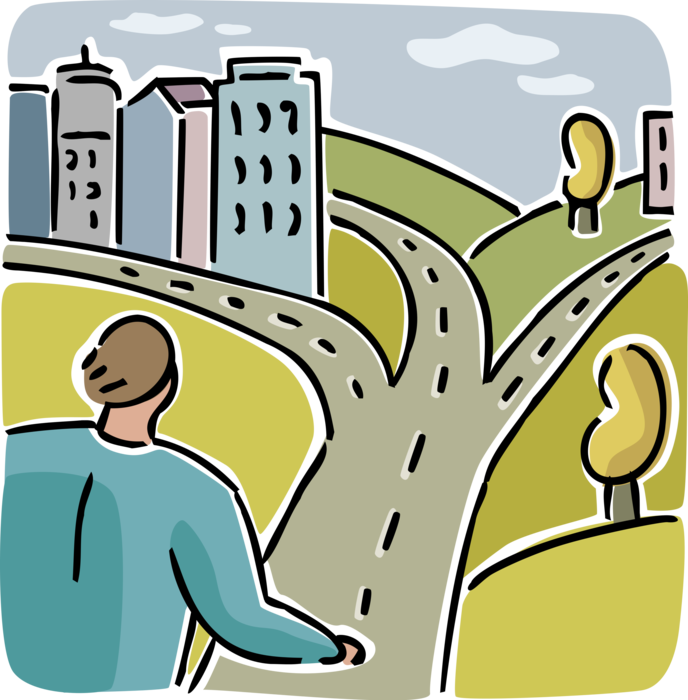 Vector Illustration of Businessman Faces Moment of Decision as Road Diverges with Three Options for Course of Action