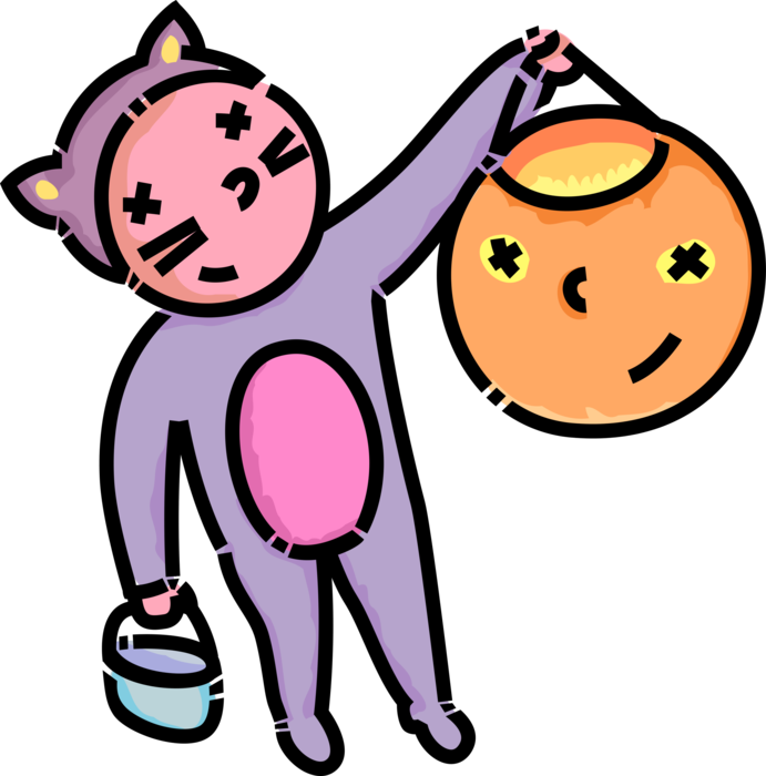 Vector Illustration of Primary or Elementary School Student Trick or Treater Ready for Halloween in Pussycat Kitten Costume