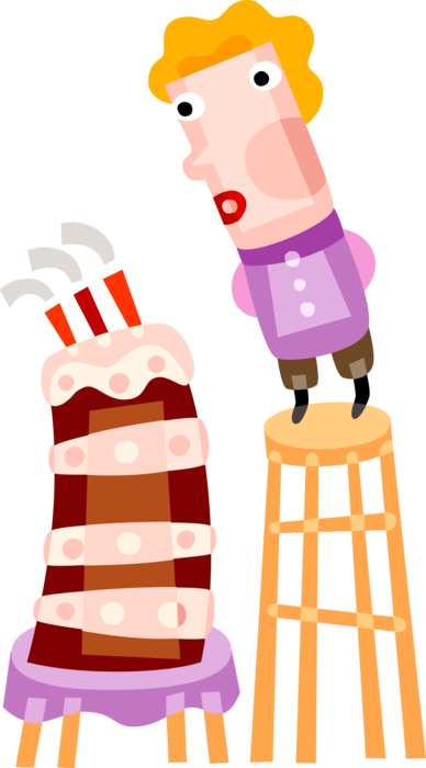Vector Illustration of Birthday Girl Stands on Stool and Blows Out Candles on Birthday Cake