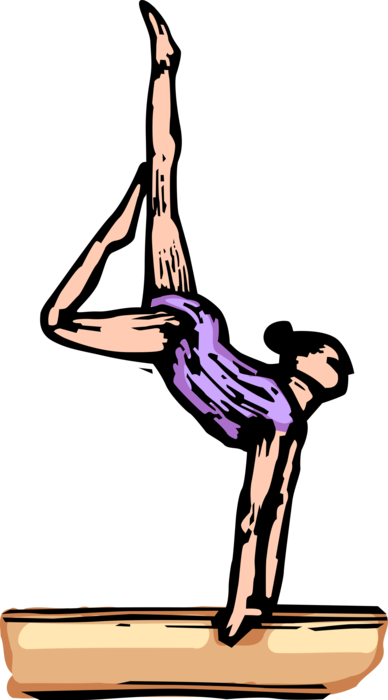 Vector Illustration of Gymnast Performing Gymnastics Routine on Balance Beam in Gym Meet