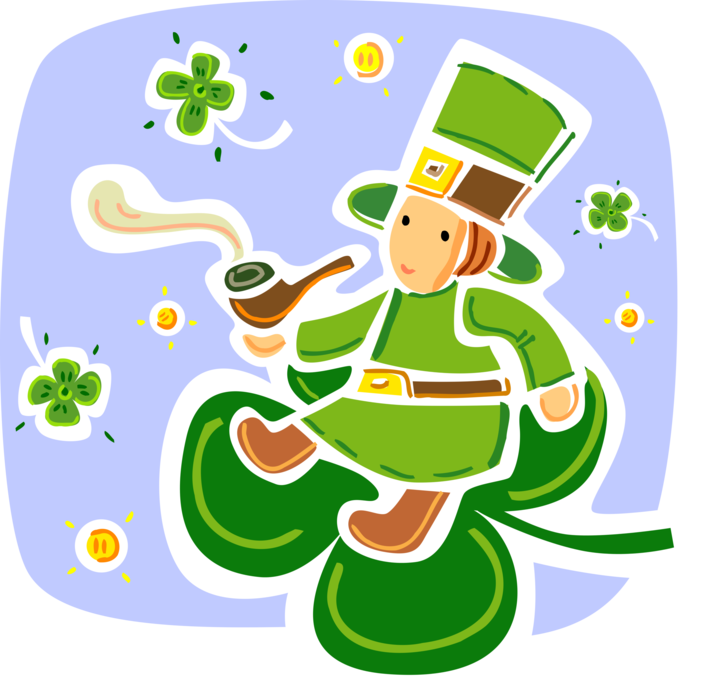 Vector Illustration of St Patrick's Day Irish Leprechaun Smokes Tobacco Pipe on Four-Leaf Clover Shamrock