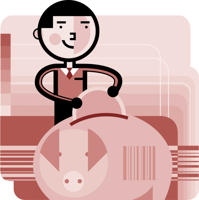Vector Illustration of Man Invests Personal Savings Cash Money Coins in Piggy Bank