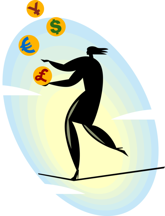 Vector Illustration of Businesswoman Juggles International Finance Currencies Walking on Tightrope