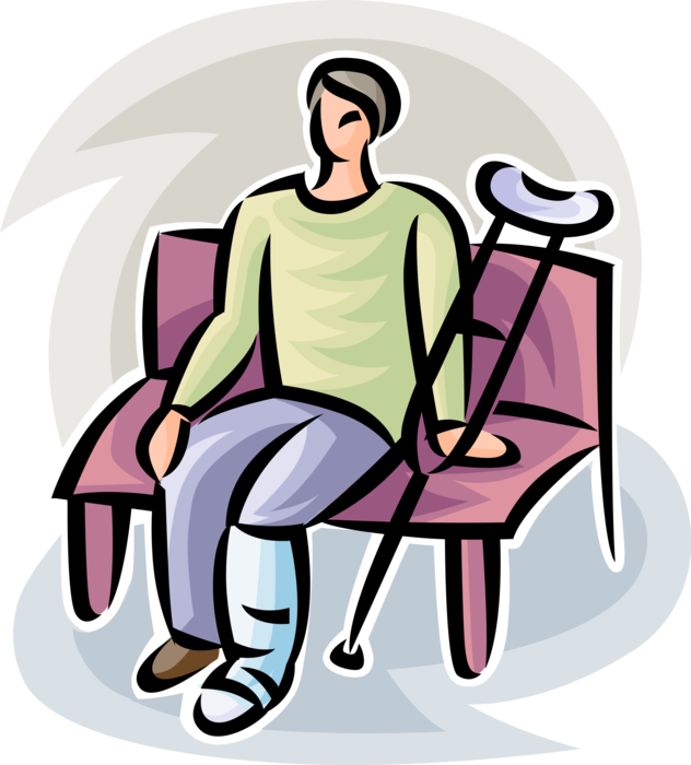 Vector Illustration of Accident Patient with Broken Leg Sits on Bench with Crutches