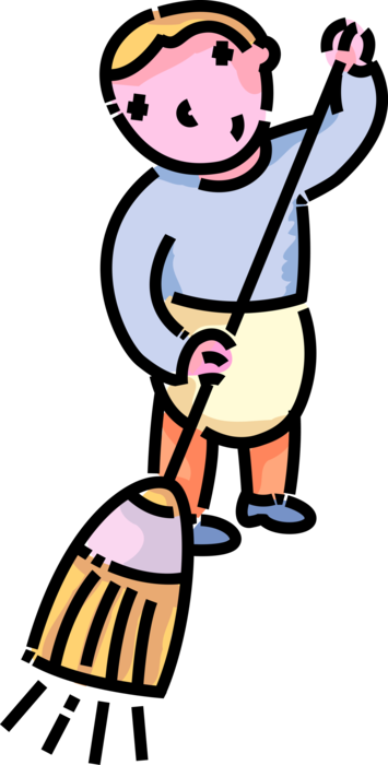 Vector Illustration of Primary or Elementary School Student Boy Does Chores at Home Sweeping Floor with Broom