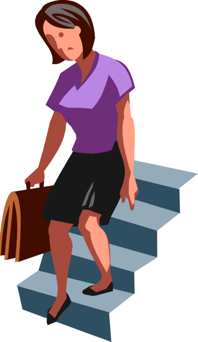 Vector Illustration of Lethargic Incompetent Loser Businesswoman on His Way Out Descends Down Stairs