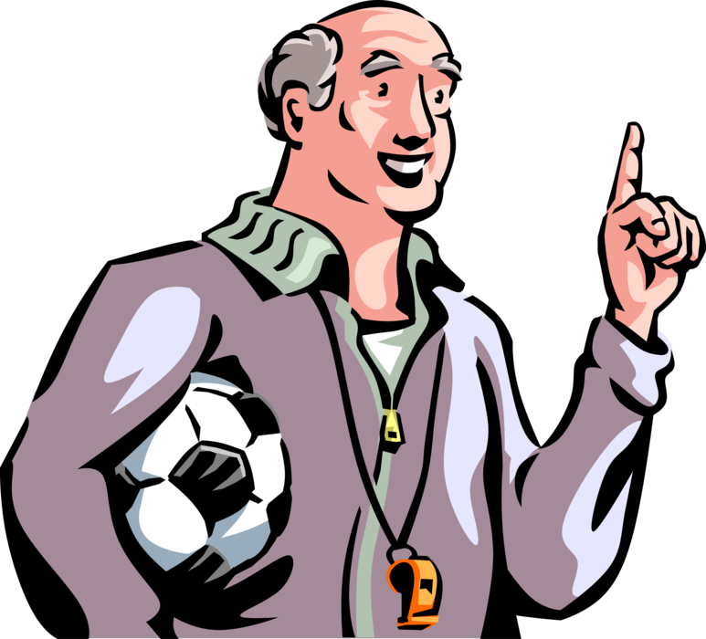 Vector Illustration of Retired Elderly Senior Citizen Soccer Football Coach with Ball and Sports Referee Whistle 