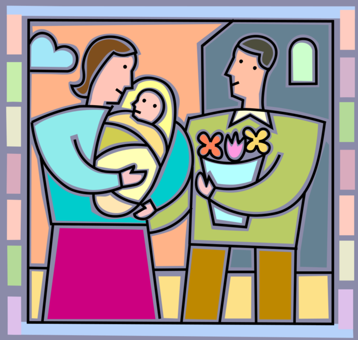 Vector Illustration of New Mother with Newborn Infant Baby and Proud Father with Flowers