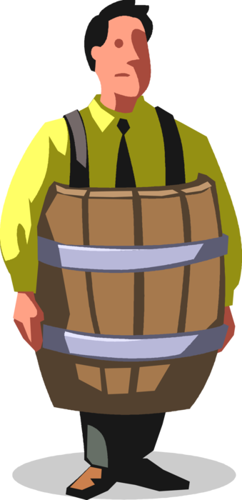 Vector Illustration of Destitute Businessman Wears Bankruptcy Barrel Cask Made of Wooden Staves Bound by Hoops