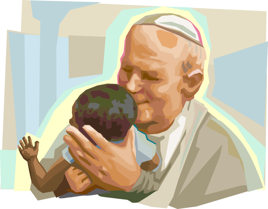 Vector Illustration of Pope Saint John Paul II, Pontiff Head of Catholic Church, Cardinal Wojtyła with Child
