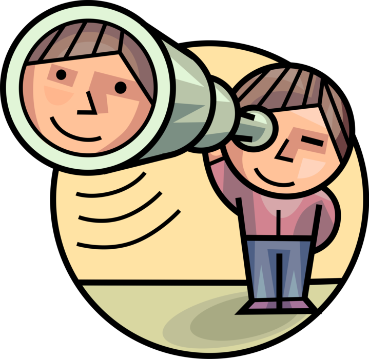 Vector Illustration of Curious Inquisitive Student Looks Through Telescope Eyepiece