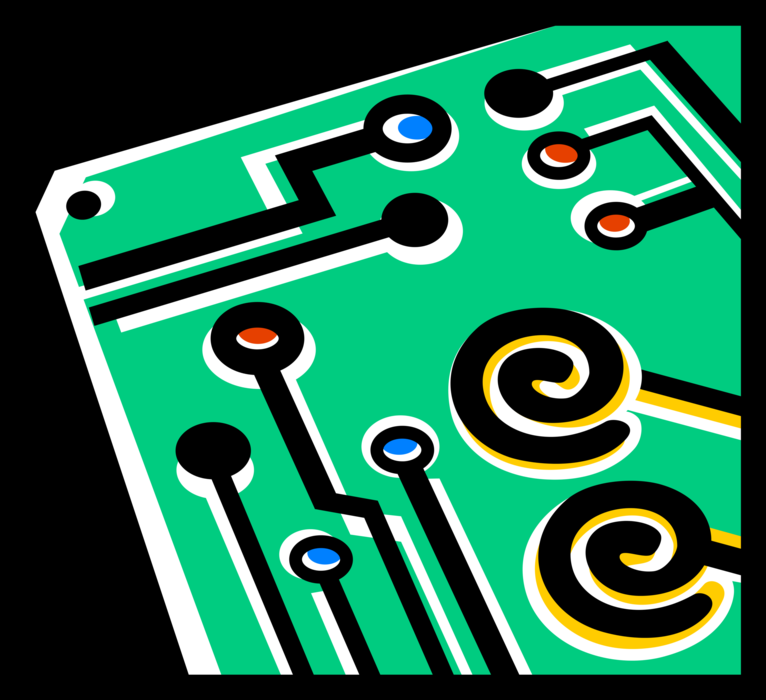 Vector Illustration of Computer Technology Printed Circuit Board with Spiral Sacred Symbol of Evolving Life Journey 