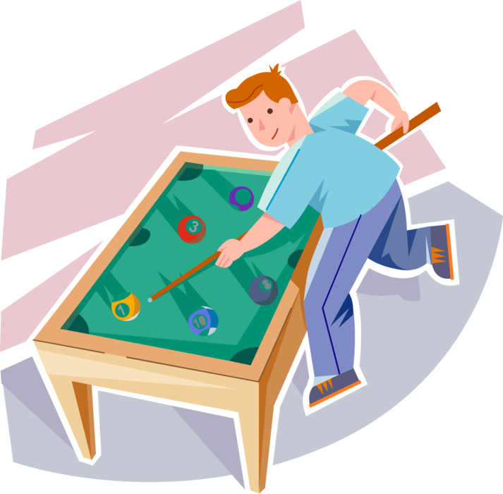 Vector Illustration of Primary or Elementary School Student Boy Plays Billiards Pool with Cue Stick