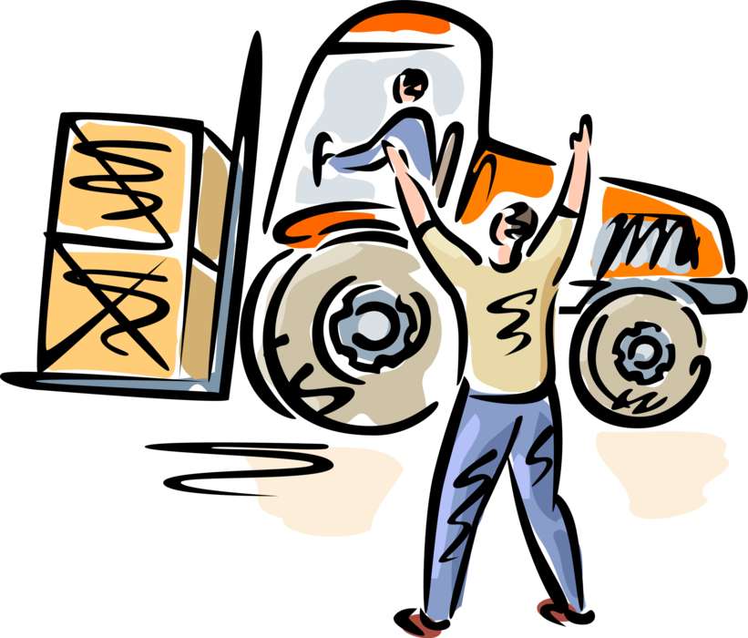 Vector Illustration of Warehouse Foreman Gives Directions to Forklift Operator Lifting Crates