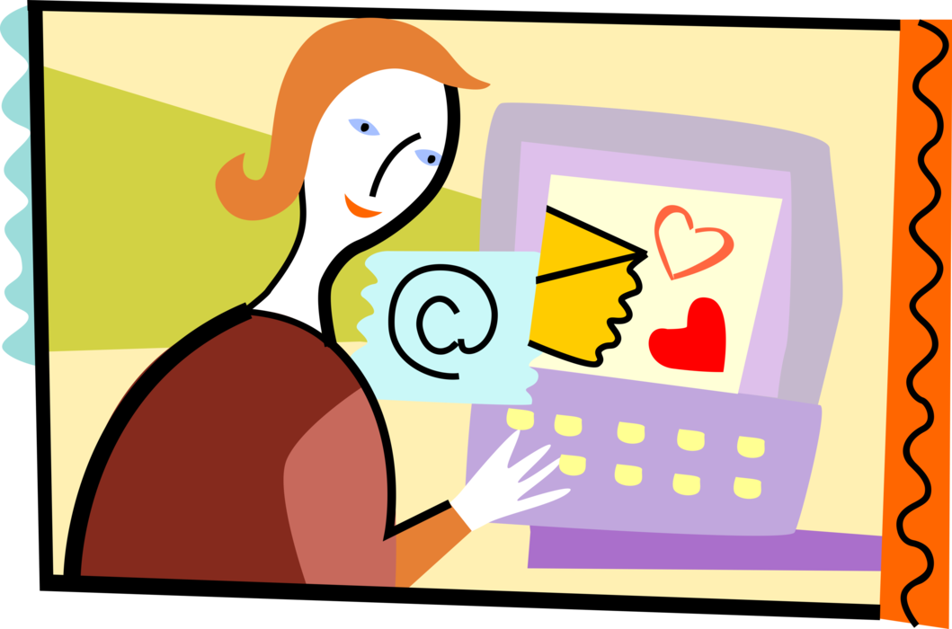 Vector Illustration of Woman Sends Romantic Love Letter by Email with Computer