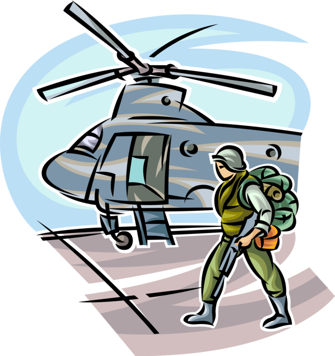 Vector Illustration of Heavily Armed United States Navy Marine Ready for Combat Mission with Helicopter on Aircraft Carrier
