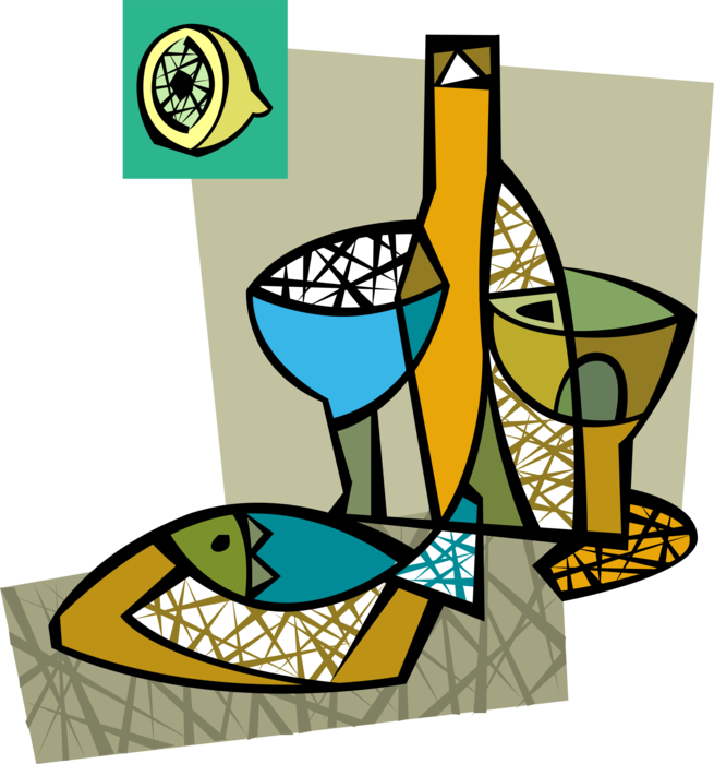 Vector Illustration of Seafood Dinner with Lemon and Wine Bottle with Glasses