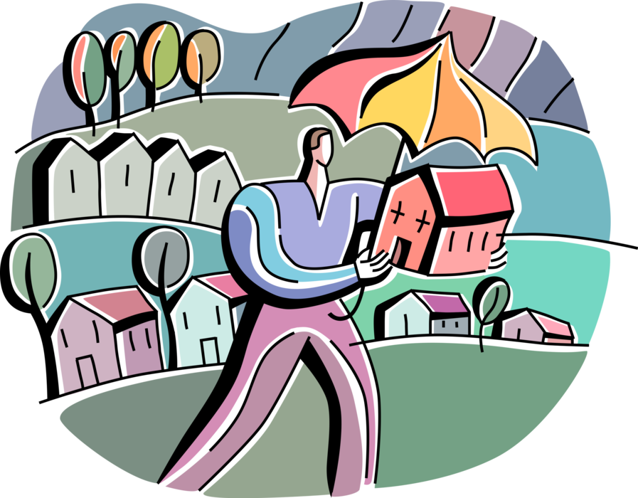 Vector Illustration of Homeowner's Hazard Property Insurance Coverage Umbrella Covers Private Residence