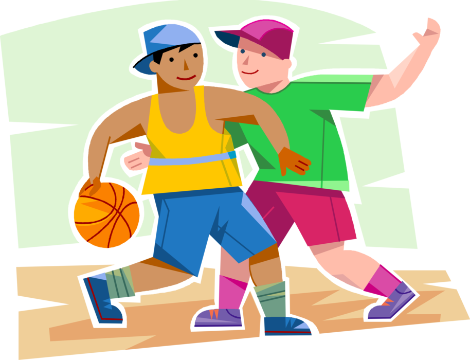 Vector Illustration of Young Boys Play Competitive Game of Basketball on Court