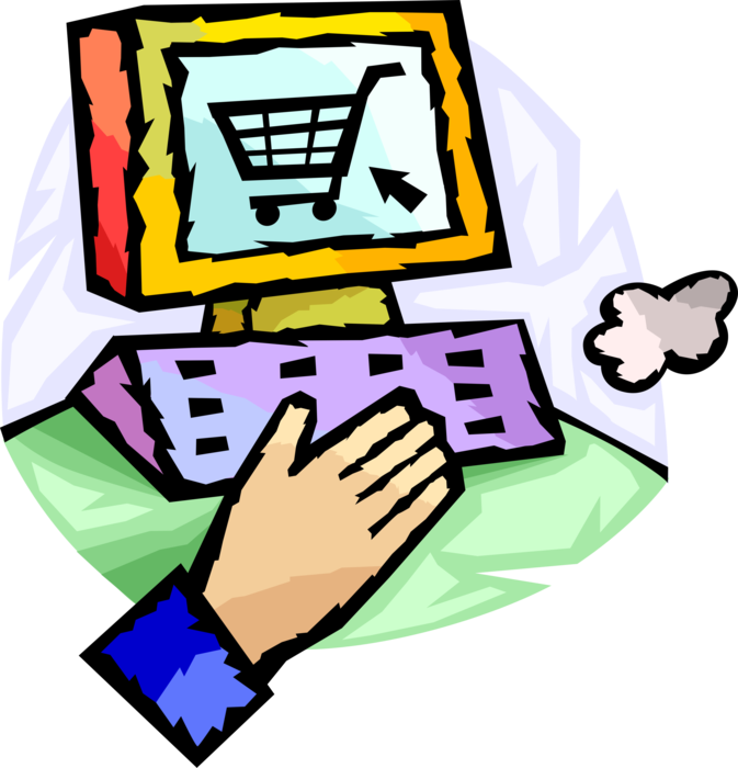 Vector Illustration of Hand Selects Online Shopping Cart for Internet Purchase Transactions