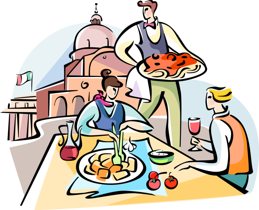 Vector Illustration of Italian Waiter Serves Pasta Lunch at Outdoor Cafe