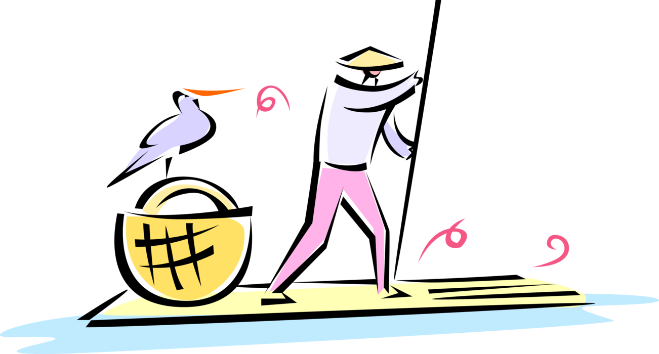 Vector Illustration of Asian Chinese Fisherman Angler on Fishing Raft with Cormorant Bird