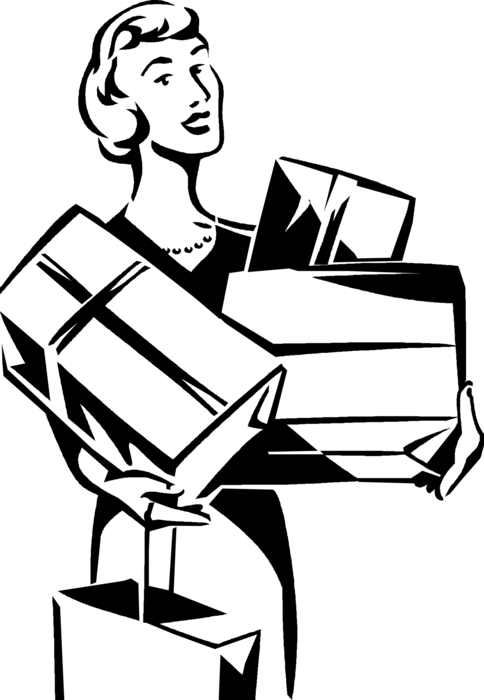 Vector Illustration of Shopper with Retail Therapy Shopping Purchases in Shopping Bags