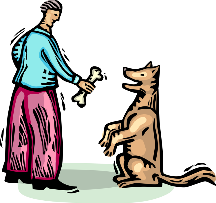Vector Illustration of Pet Owner Offers Bone to Pet Dog