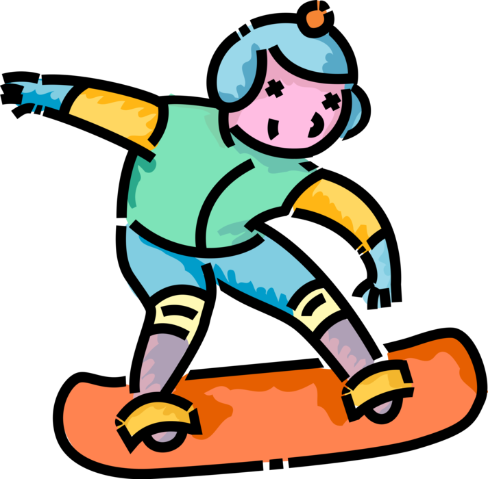 Vector Illustration of Primary or Elementary School Student Boy Snowboarder Snowboarding Down Slopes in Winter