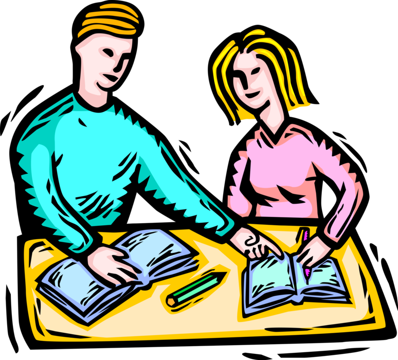 Vector Illustration of Students in School Classroom with School Work